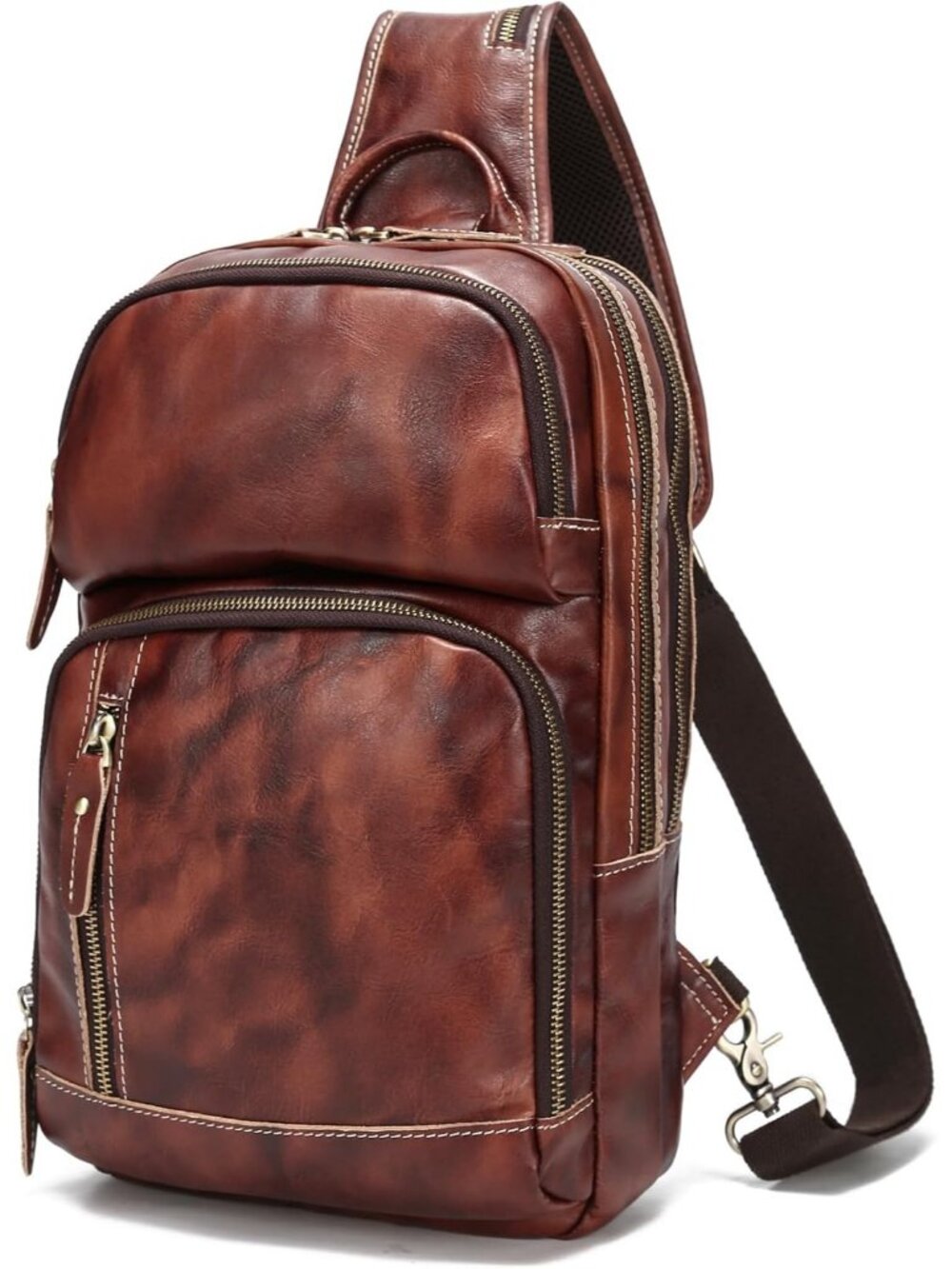 Mens Coffee Full Grain Leather Sling Chest Daypack Fits 12.9 iPad Crossbody Bag